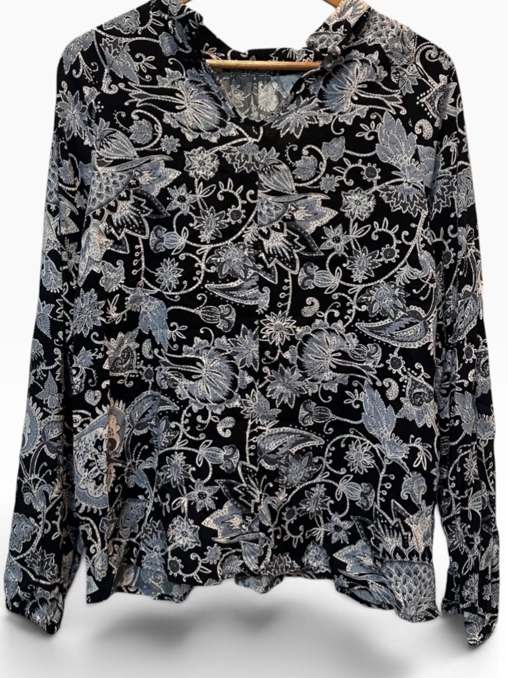 C&C California Black Paisley Floral Long Sleeve Blouse Women’s L Split Neck 🌿